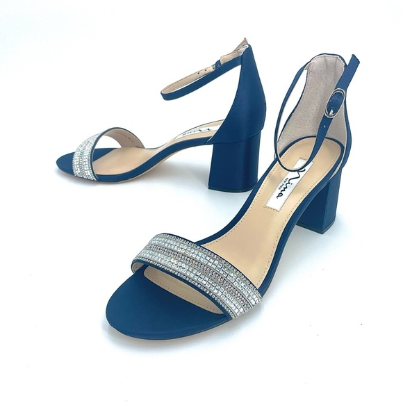 WOMENS NAVY SUEDETTE CRYSTAL BLOCK MID-HEEL ANKLE STRAP DRESS